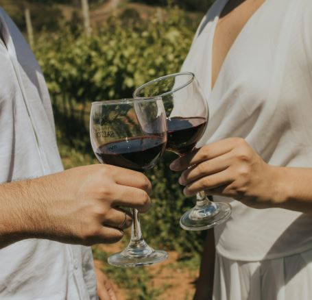 גבר ואישה משיקים כוסות יין אדום במהלך דייט באווירה נינוחה בטבע, מסמל התחלה חדשה ודייטינג אחרי גירושין.