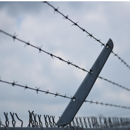 תקריב של גדר תיל מול שמיים מעוננים הממחיש את הקושי הרגשי והבדידות ביום הזיכרון לשואה.