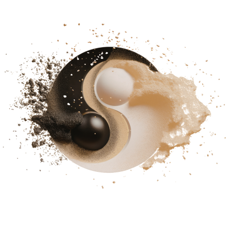ייצוג גרפי וקונספטואלי של סמל היין-יאנג (Yin-Yang) הקלאסי, הבנוי מחומרים מנוגדים: חומר גרגירי כהה ובהיר. הסמל מתאר איזון הרמוני בין שני כוחות משלימים.